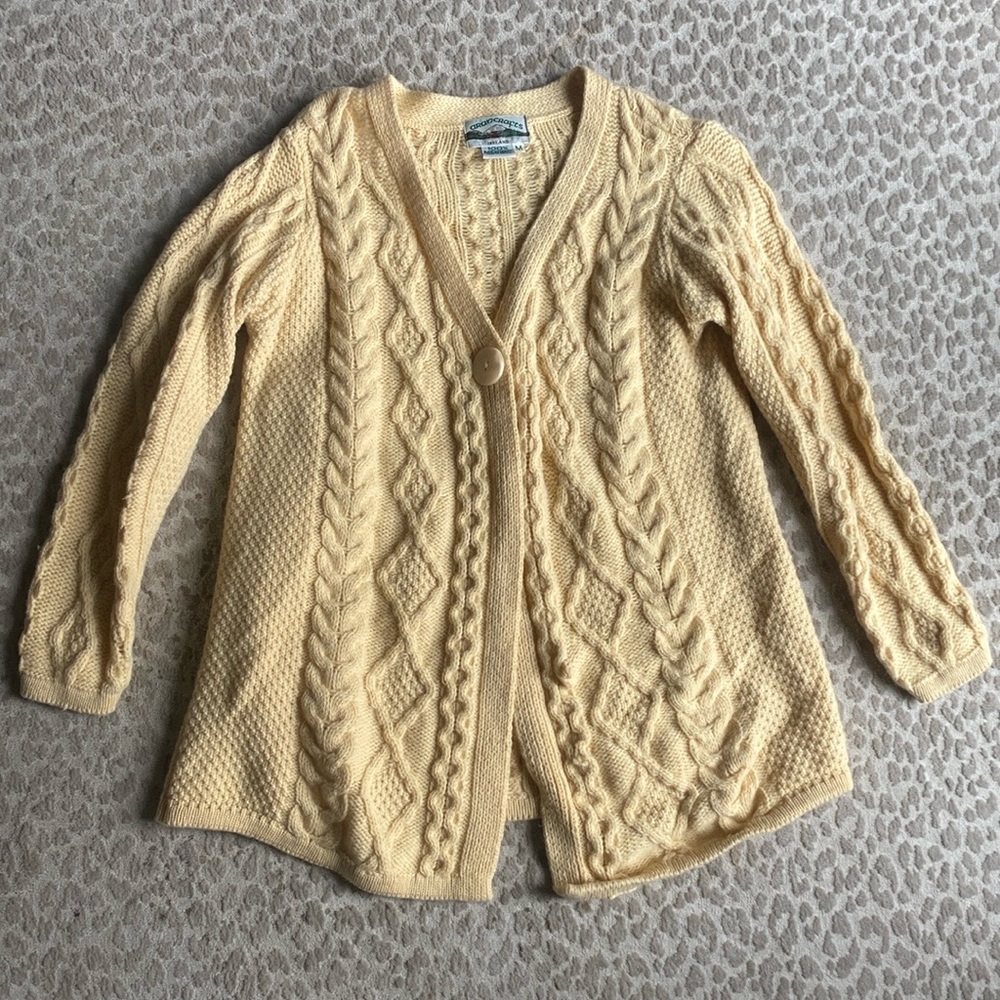 Aran Crafts 100% Merino Wool Butter Yellow Cardigan, size M/L
